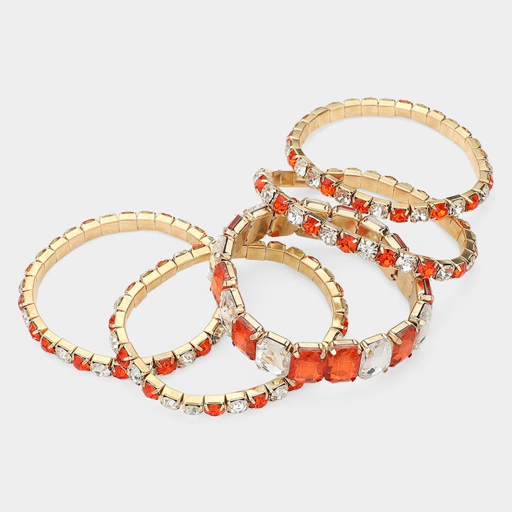 Clear Gold Orange 5PCS - Emerald Cut Round Stone Stretch Evening Bracelets