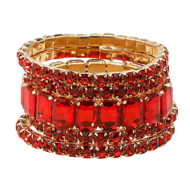 Gold Red 5PCS - Emerald Cut Round Stone Stretch Evening Bracelets