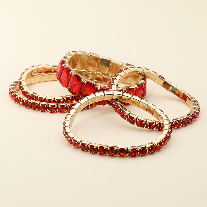 Gold Red 5PCS - Emerald Cut Round Stone Stretch Evening Bracelets