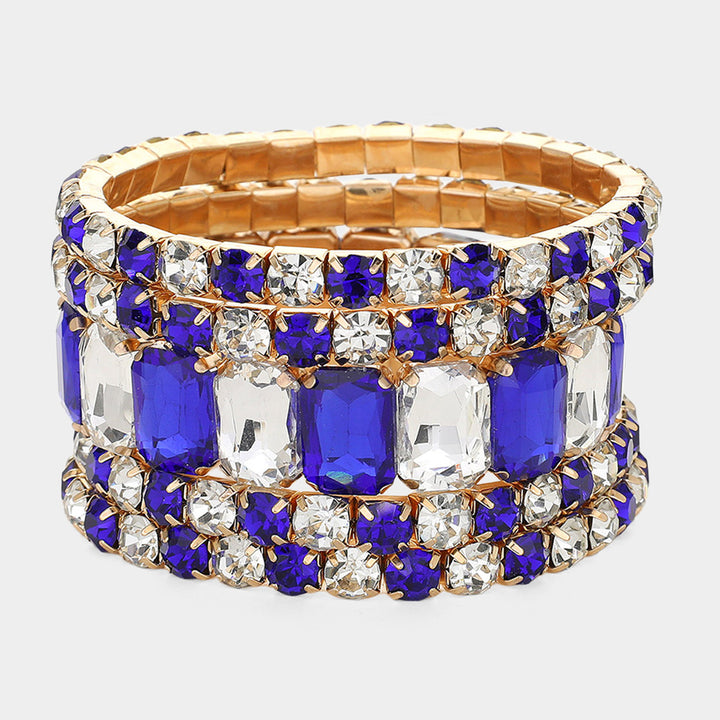Clear Gold Royal Blue 5PCS - Emerald Cut Round Stone Stretch Evening Bracelets