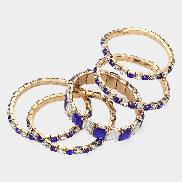 Clear Gold Royal Blue 5PCS - Emerald Cut Round Stone Stretch Evening Bracelets