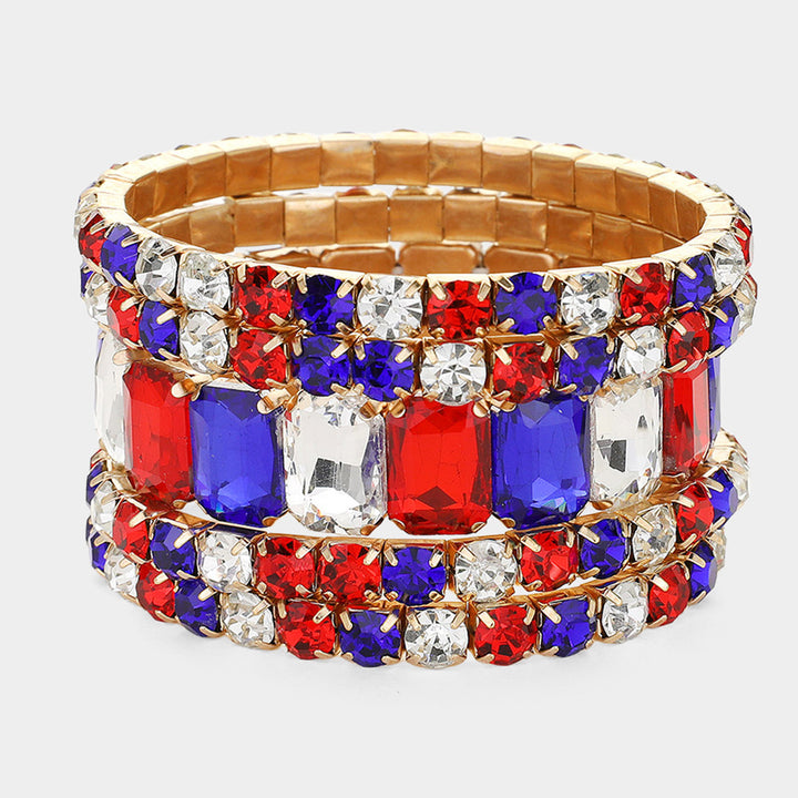 Blue, Gold, Red, White 5PCS - Emerald Cut Round Stone Stretch Evening Bracelets