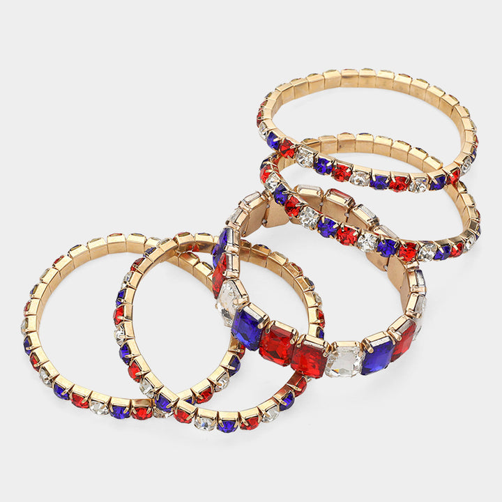 Blue, Gold, Red, White 5PCS - Emerald Cut Round Stone Stretch Evening Bracelets