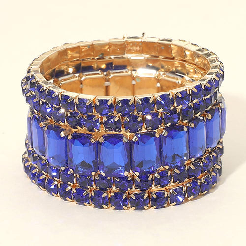 Women's 5PCS - Emerald Cut Round Stone Stretch Evening Bracelets 4th of July - Gold, Royal Blue