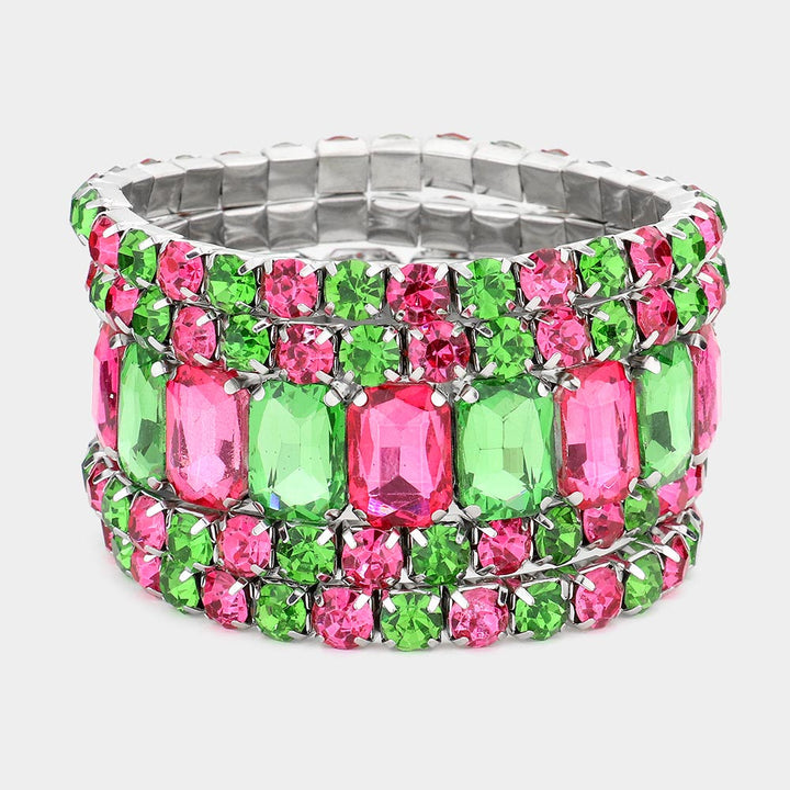 Pink&Green, Silver 5PCS - Emerald Cut Round Stone Stretch Evening Bracelets