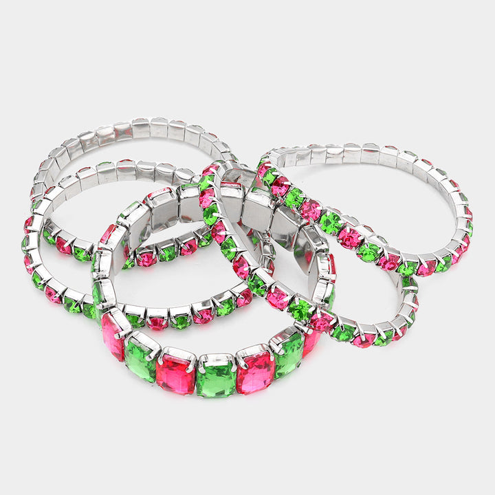 Pink&Green, Silver 5PCS - Emerald Cut Round Stone Stretch Evening Bracelets