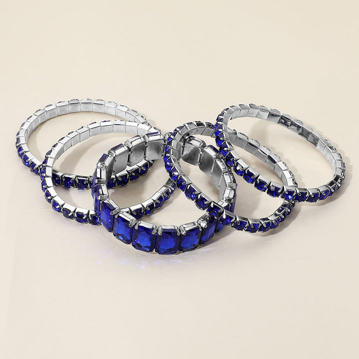 Royal Blue, Silver 5PCS - Emerald Cut Round Stone Stretch Evening Bracelets