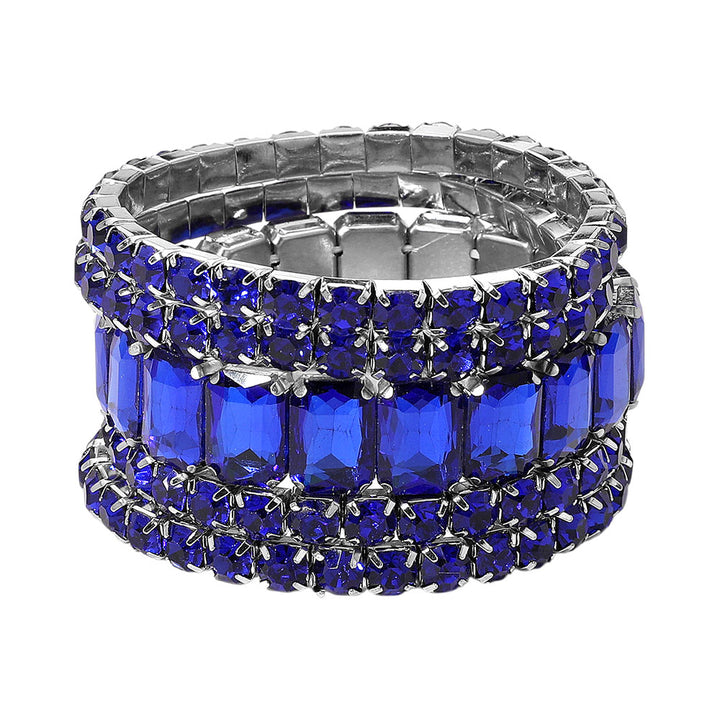 Royal Blue, Silver 5PCS - Emerald Cut Round Stone Stretch Evening Bracelets