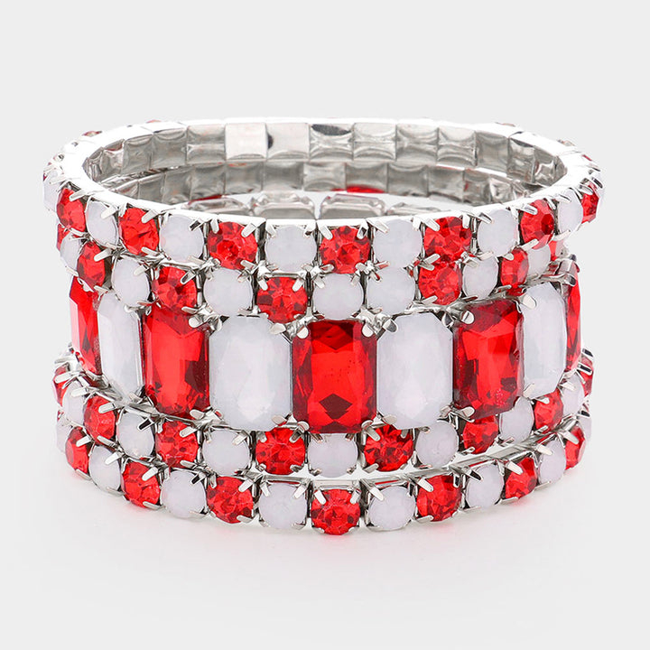 Red, Silver, White 5PCS - Emerald Cut Round Stone Stretch Evening Bracelets
