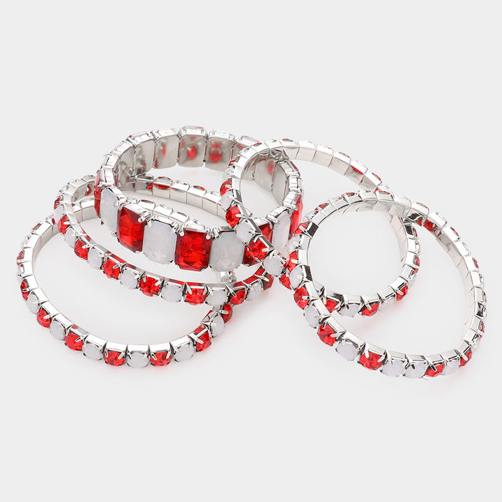 Red, Silver, White 5PCS - Emerald Cut Round Stone Stretch Evening Bracelets