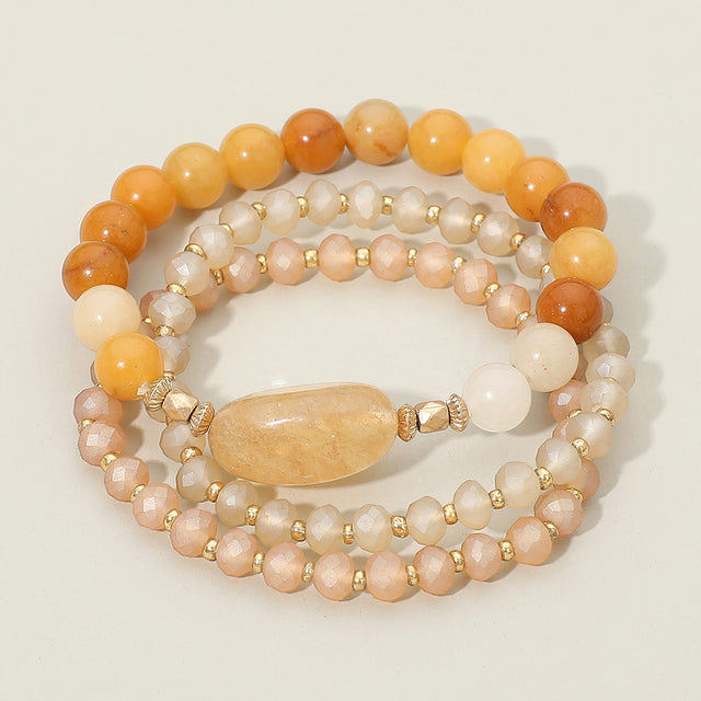 Madeline Love Multi, Neutral 3PCS - Semi Precious Stone Beaded Stretch Bracelets