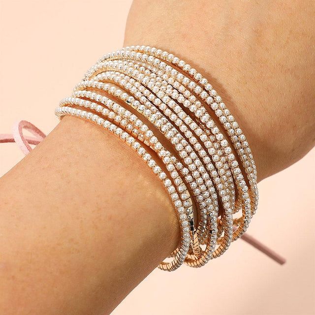 Madeline Love Cream, Gold Ribbon Pearl Rhinestone Layered Stretch Bracelets