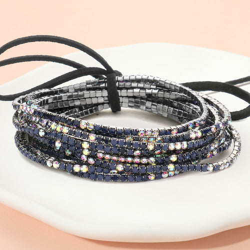 12PCS Ribbon Colorful Rhinestone Layered Stretch Bracelets - Montana Blue