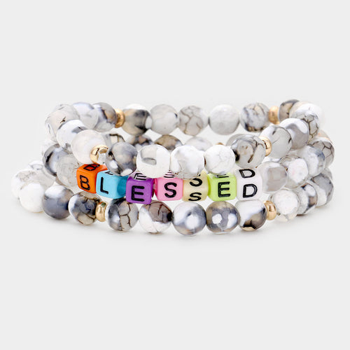 3PCS - Semi Precious Layered Stretch Bracelets - Gray, White