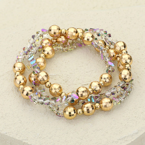 3PCS - Metal Ball Faceted Beaded Stretch Multi Layered Bracelets - AB, Gold