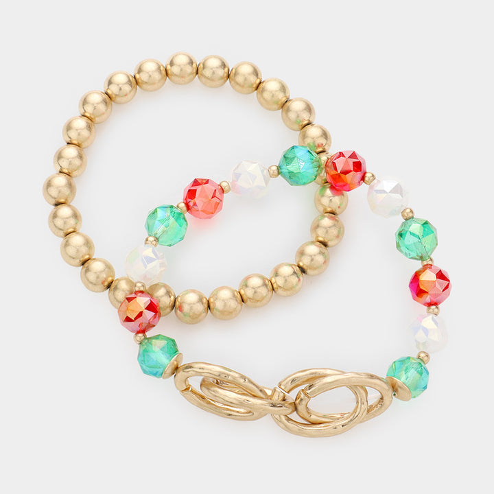 Multi 2PCS Open Metal Oval Link Metal Ball Faceted Beaded Stretch Bracelets