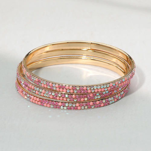 3PCS - Rhinestone Pave Stackable Multi Layered Bangle Bracelets - Multi, Pink