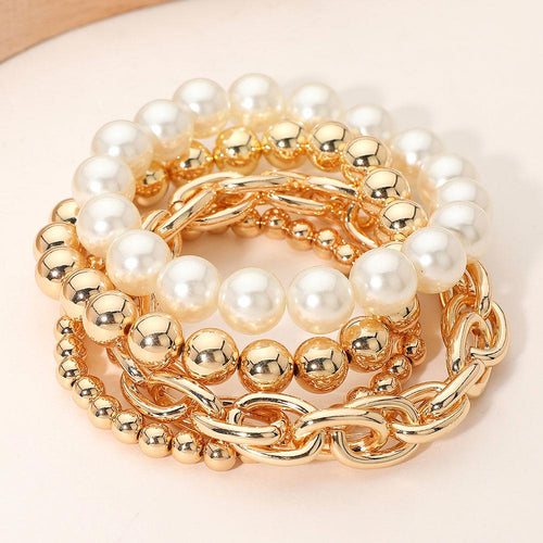 4PCS - Pearl Metal Ball Mixed Beaded Stretch Multi Layered Bracelets - Cream, Gold