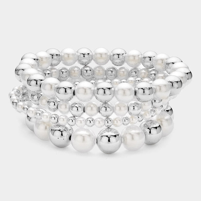 Madeline Love Rhodium, White 4PCS - Pearl Metal Beaded Stretch Multi Layered Bracelets