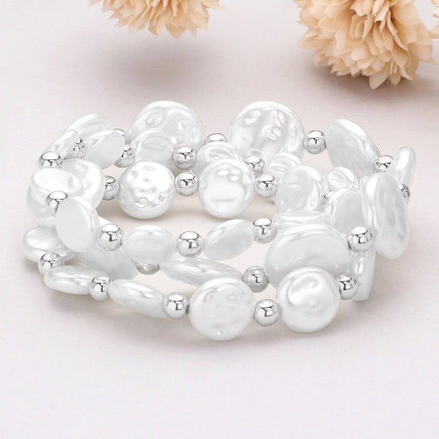 Madeline Love Rhodium, White 3PCS - Pearl Disc Beaded Stretch Multi Layered Bracelets