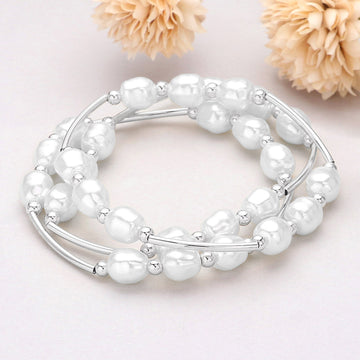 Madeline Love Rhodium, White 3PCS - Triple Freshwater Pearl Beaded Station Stretch Multi Layered Bracelets