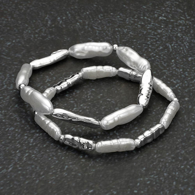 Madeline Love Rhodium, White 2PCS - Pearl Textured Metal Beaded Stretch Multi Layered Bracelets