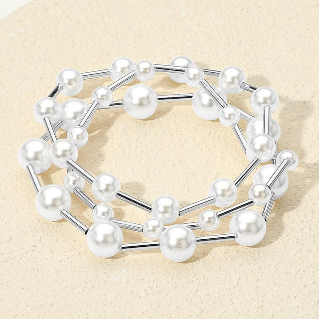 Madeline Love Rhodium, White 3PCS - Pearl Metal Bar Beaded Stretch Multi Layered Bracelets