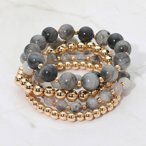 5PCS - Resin Metal Ball Beaded Stretch Multi Layered Bracelets - Gold, Gray