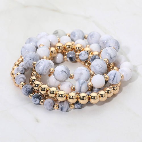 5PCS - Resin Metal Ball Beaded Stretch Multi Layered Bracelets - Gold, White