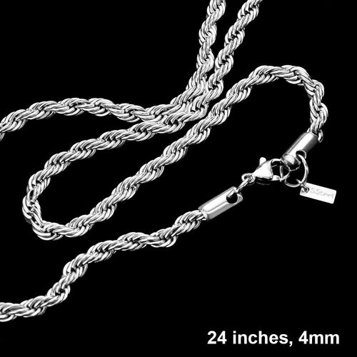24 INCH, 4mm Stainless Steel Rope Chain Necklace - Rhodium
