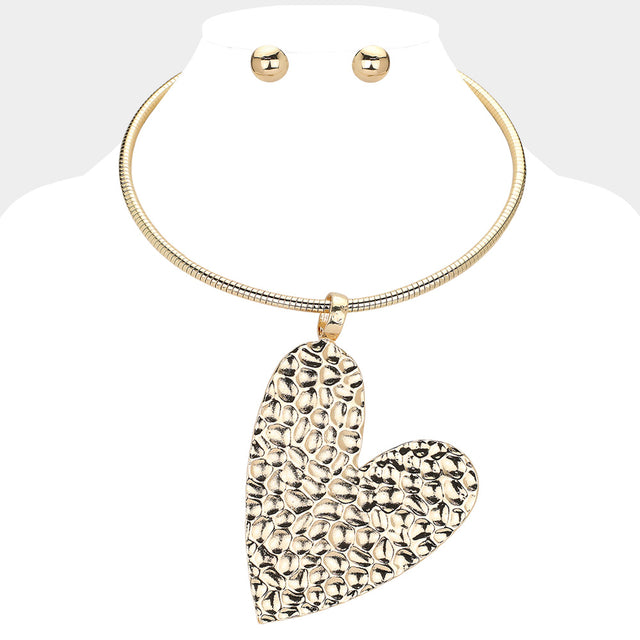 Textured Metal Heart Pendant Statement Necklace - Gold - Necklaces