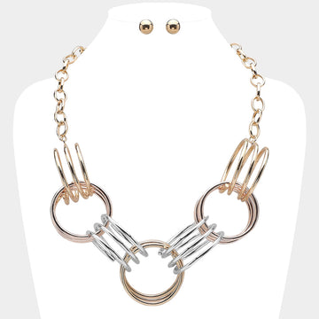 Madeline Love Gold, Two Tone Abstract Triple Metal Wire Ring Link Statement Necklace - Necklaces