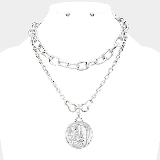 Madeline Love Rhodium Layered Saint Mary Metal Pendant Necklace - Necklaces