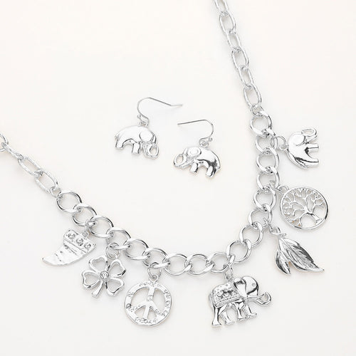 Elephant Clover Peace Tree of Life Leaf Horn Charm Station Necklace - Worn Silver