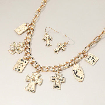 Madeline Love Gold Metal Cross Bible Charm Station Chunky Chain Necklace - Necklaces