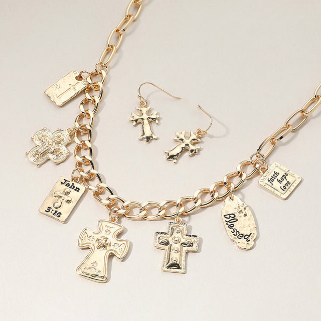 Madeline Love Gold Metal Cross Bible Charm Station Chunky Chain Necklace - Necklaces