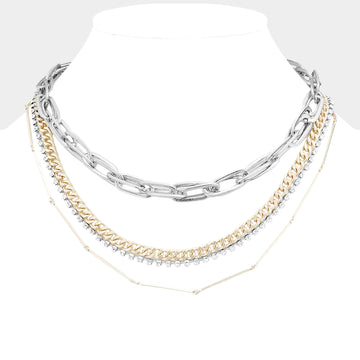 Madeline Love Gold, Rhodium, Two Tone Layered Rhinestone Metal Chain Link Necklace - Necklaces