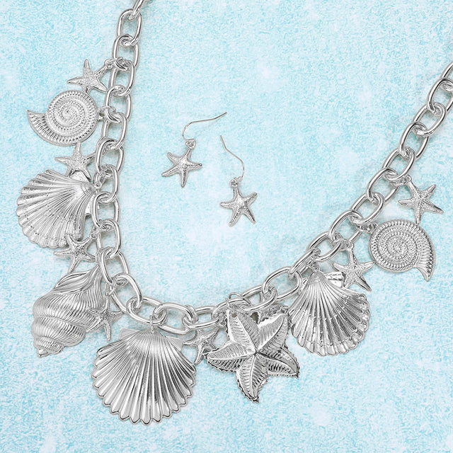 Rhodium Chunky Metal Sea Shell Starfish Charm Station Chain Necklace
