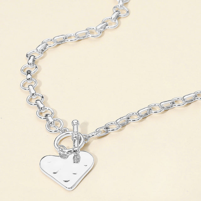 Madeline Love Rhodium Hammered Metal Heart Pendant Chunky Chain Toggle Necklace - Necklaces