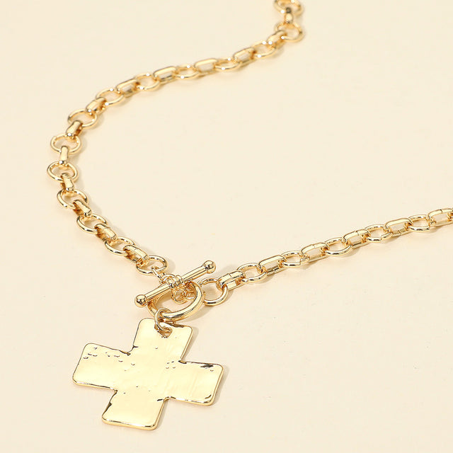 Madeline Love Gold Hammered Metal Cross Pendant Chunky Chain Toggle Necklace - Necklaces