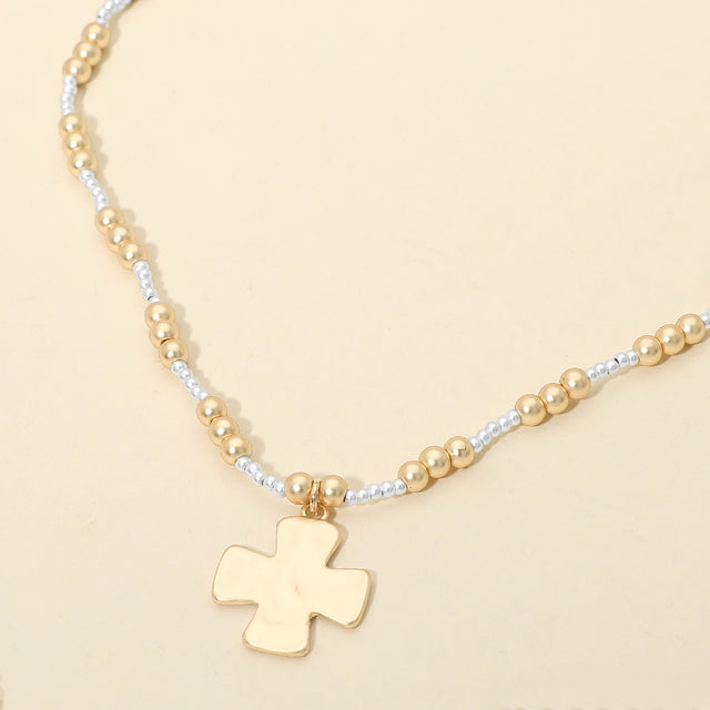 Madeline Love Gold, Silver, Two Tone Brushed Hammered Metal Cross Pendant Beaded Chain Necklace - Necklaces