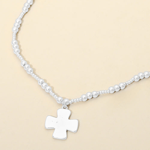 Brushed Hammered Metal Cross Pendant Beaded Chain Necklace - Silver
