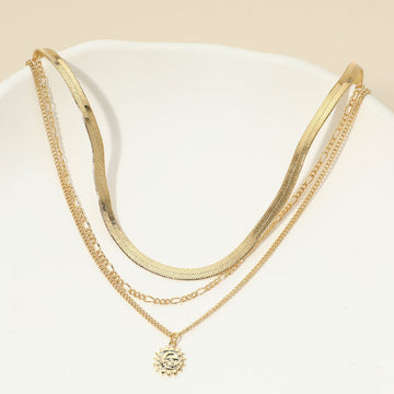 Madeline Love Gold 18K Gold Dipped Zodiac Moon Sunburst Coin Pendant Accent Herringbone Chain Layered Necklace - Necklaces