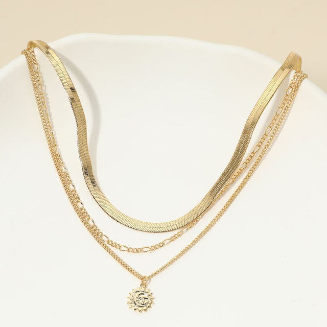 Madeline Love Gold 18K Gold Dipped Zodiac Moon Sunburst Coin Pendant Accent Herringbone Chain Layered Necklace - Necklaces