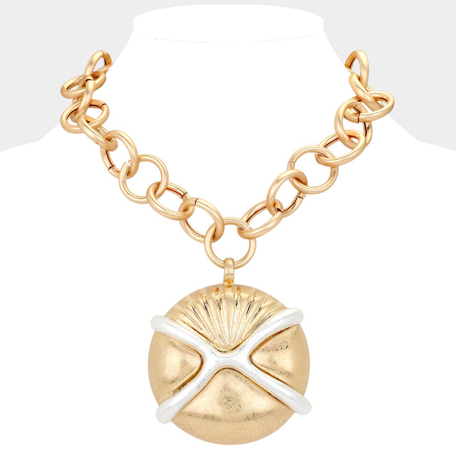Matte gold Oversized Matte Metal Sand Dollar Pendant Chunk Statement Necklace