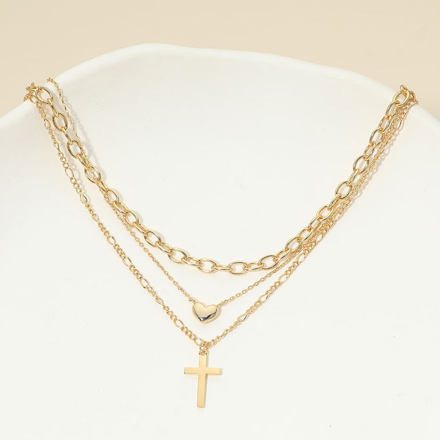 Madeline Love Gold 18K Gold Dipped Cross Pendant Heart Charm Accent Mixed Chain Layered Necklace - Necklaces