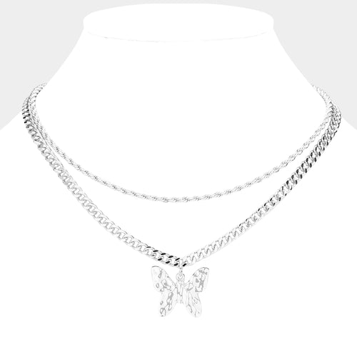 Hammered Metal Butterfly Pendant Double Layered Necklace - Rhodium