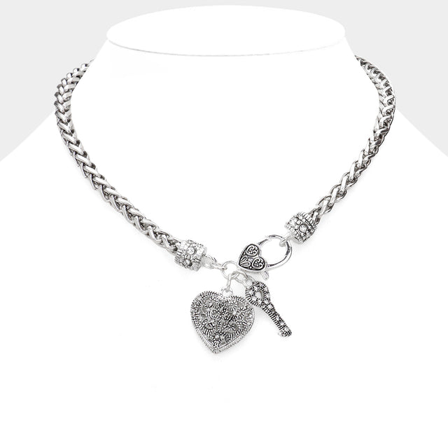 Madeline Love Antique Silver Antique Metal Heart Key Lock Pendant Toggle Necklace - Necklaces
