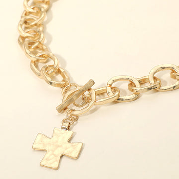 Madeline Love Worn Gold Cross Charm Chunky Chain Toggle Necklace - Necklaces