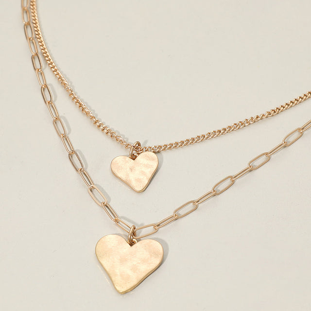 Madeline Love Worn Gold Hammered Metal Heart Pendant Accent Double Layered Necklace - Necklaces